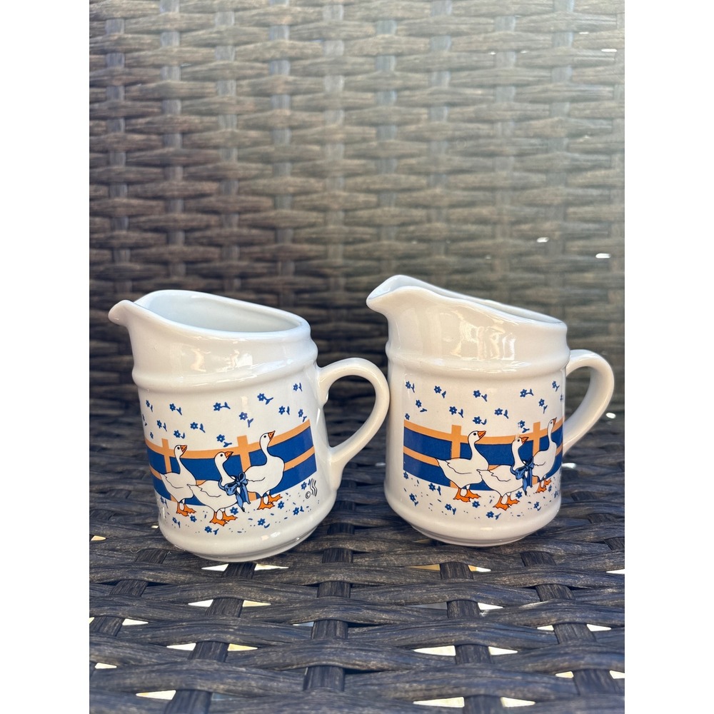 Vintage Country Goose Ceramic Creamer Set of 2 White Blue Orange Pitchers